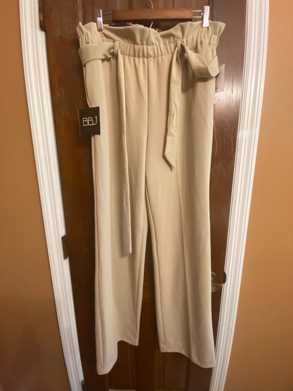 High-Waist Paperbag Wide-Leg Pants in Beige